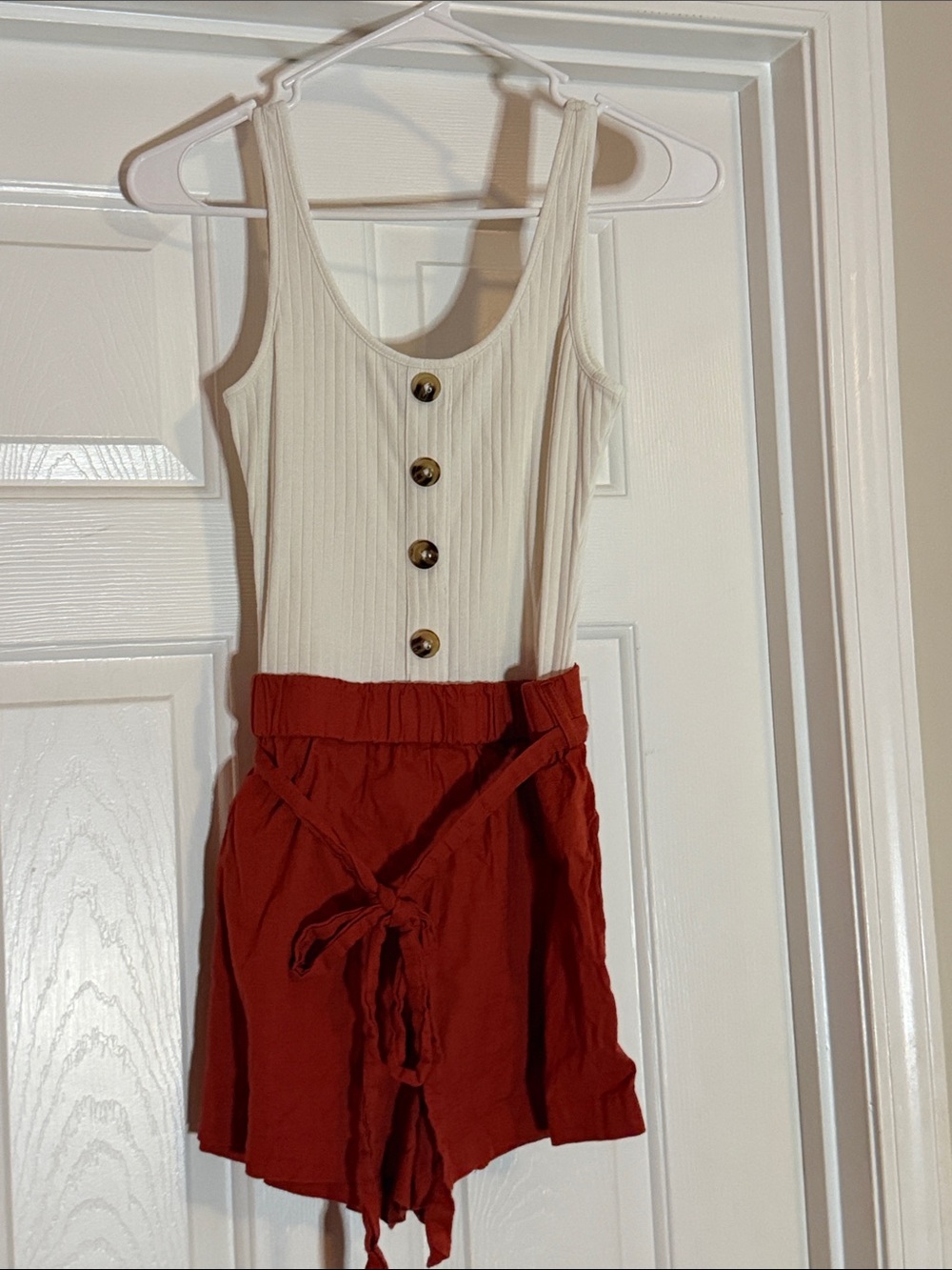 SHEIN Cream Ribbed Tank with Rust Tie-Waist Shorts Romper